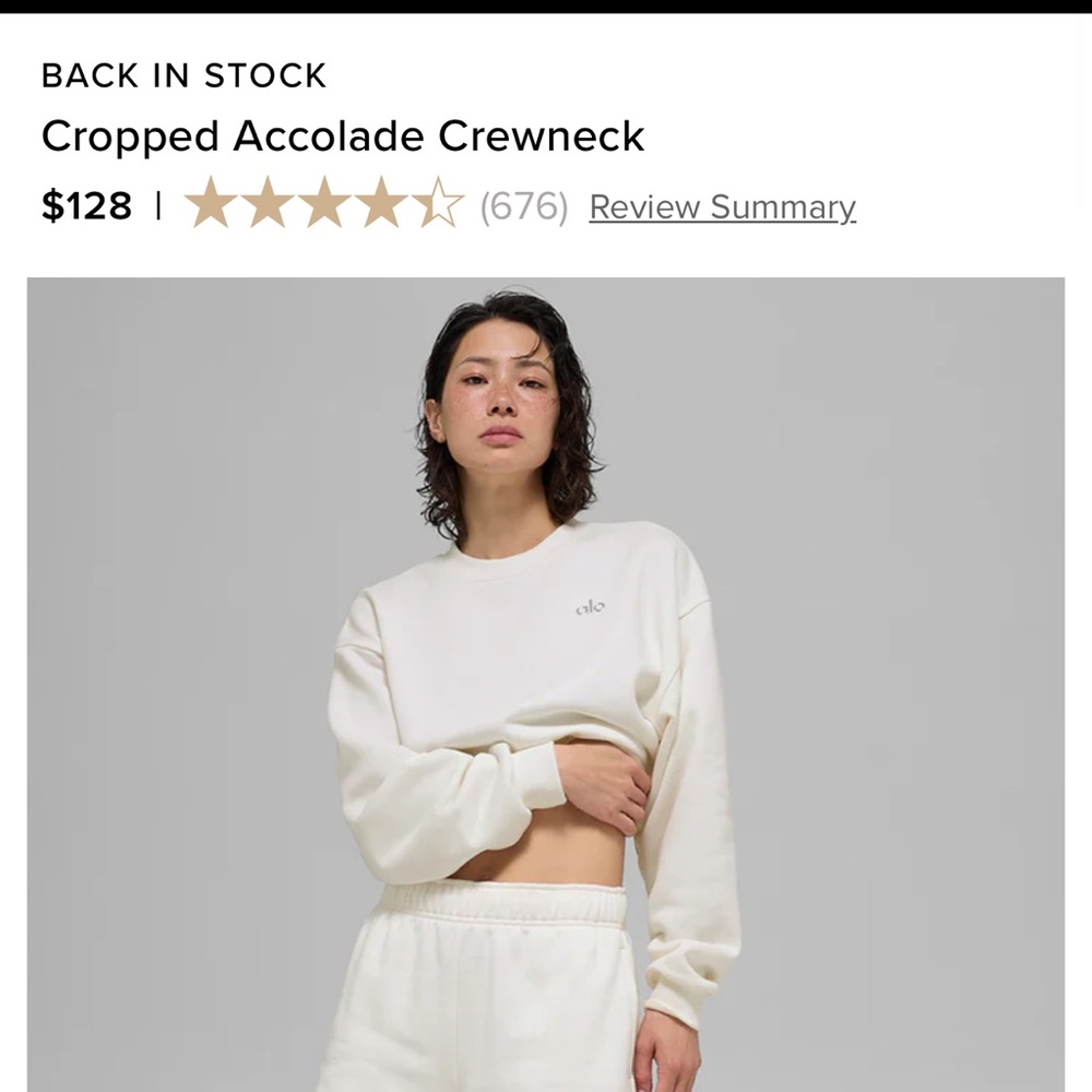 Alo yoga cropped accolade crewneck in ivory xxs